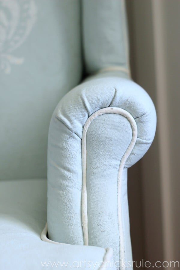 Chalk Painted Upholstered Chair Makeover - Finished Detail Up Close - artsychicksrule.com #paintedupholstery #chalkpaint #diy