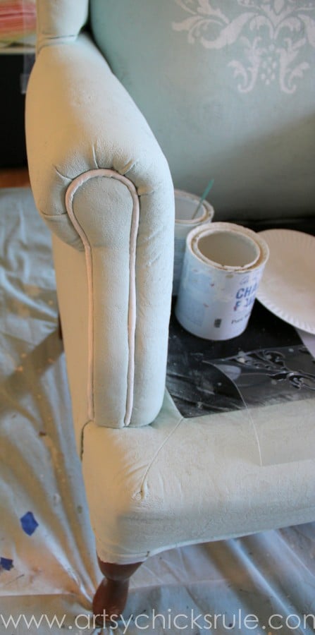 Chalk Painted Upholstered Chair Makeover - Painting Trim - artsychicksrule.com #paintedupholstery #chalkpaint #diy (3)
