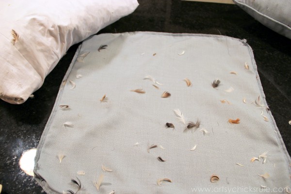 Feather Pillow Fail-  a No-Sew Fix - Crazy feathers - artsychicksrule.com  #nosew