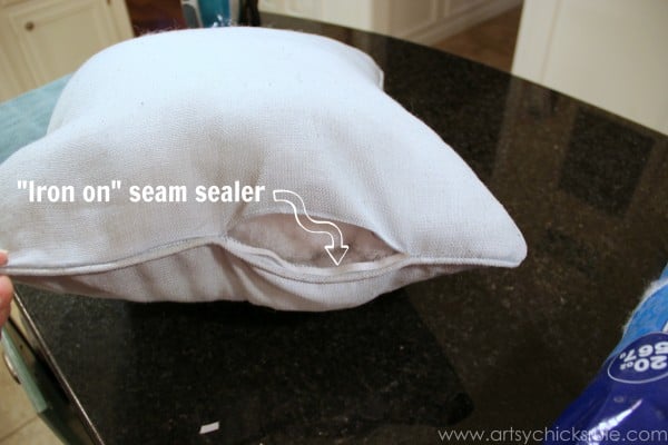 Feather Pillow Fail- a No-Sew Fix - closing seam with no-sew iron on - artsychicksrule.com  #nosew