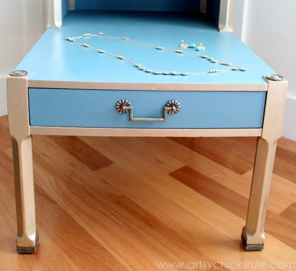 Turquoise Chalk Paint & Gold Metallic Side Table -Front Drawer - artsychicksrule.com #chalkpaint #goldmetallic #metallicfurniture #turquoise