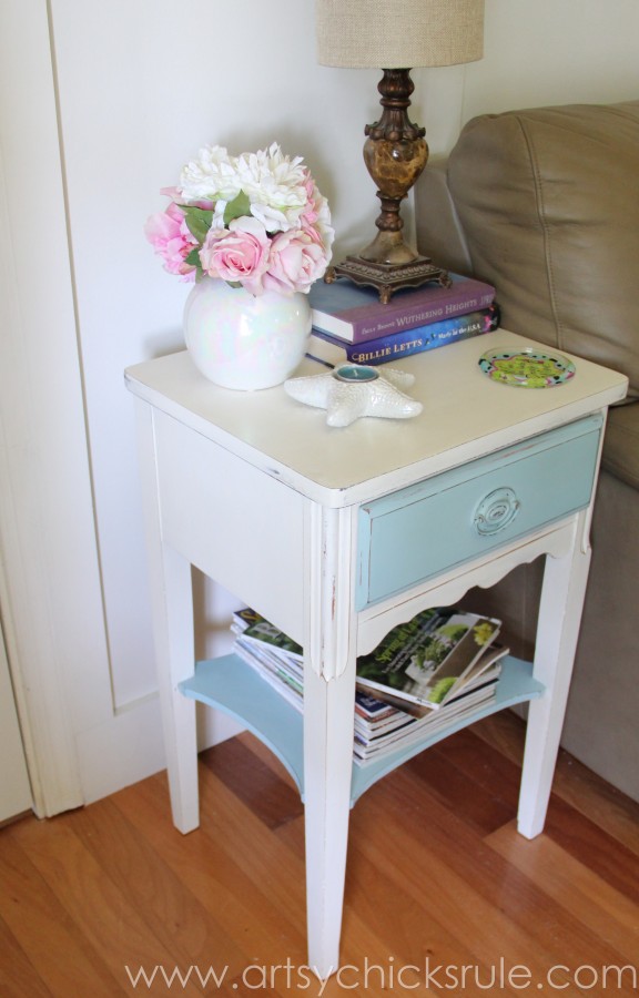 Thrifty End Table Makeover - (with Chalk Paint and Drawer Flair! ;) )- artsychicksrule.com #chalkpaint #duckeggblue #shabby #coastal #paintedfurniture #chalkpaintedfurniture #furnituremakeover