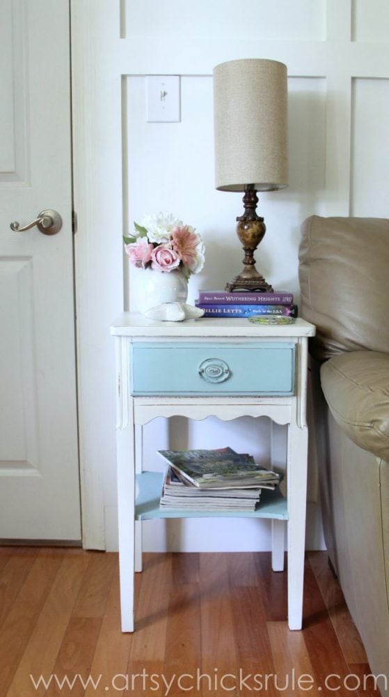 Thrifty End Table Makeover - (with Chalk Paint and Drawer Flair! ;) )- artsychicksrule.com #chalkpaint #duckeggblue #shabby #coastal #paintedfurniture #chalkpaintedfurniture #furnituremakeover