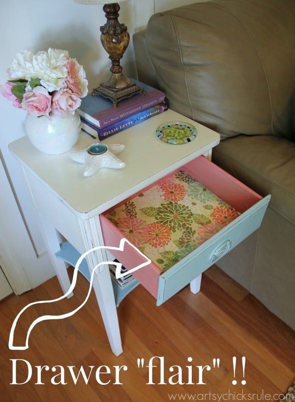 Thrifty End Table Makeover - (with Chalk Paint and Drawer Flair! ;) )- artsychicksrule.com #chalkpaint #duckeggblue #shabby #coastal #paintedfurniture #chalkpaintedfurniture #furnituremakeover