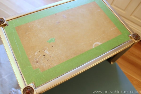 Turquoise Chalk Paint & Gold Metallic Side Table - Taping for Stripe - artsychicksrule.com #chalkpaint #goldmetallic #metallicfurniture #turquoise