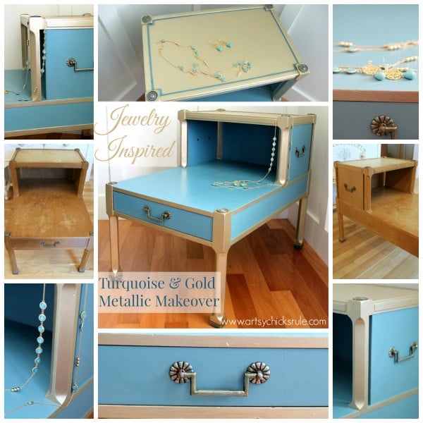 Turquoise & Gold Metallic Side Table - Before and After - Chalk Paint - artsychicksrule.com #metallic #furniture #makeover #chalkpaint