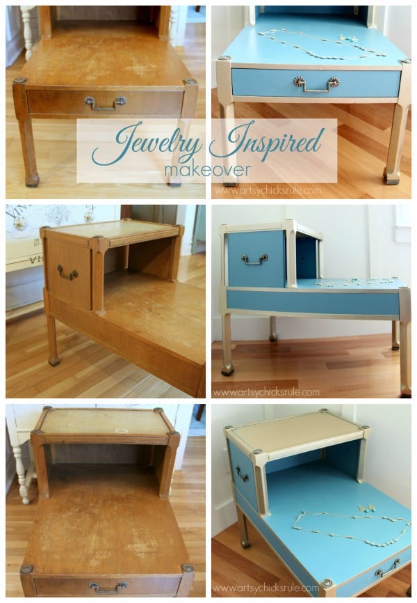 Turquoise & Gold Metallic Side Table - Before and After - artsychicksrule.com #metallic #furniture #makeover #chalkpaint