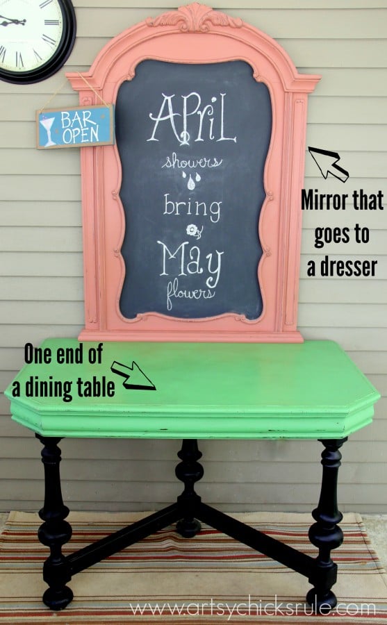 Bright and Bold Furniture - Pieces Repurposed Front Styled - artsychicksrule.com #chalkpaint #antibesgreen #scandinavianpink #repurpose