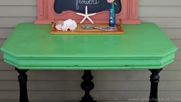 Bright and Bold Furniture - Pieces Repurposed Up Close Bottom - artsychicksrule.com #chalkpaint #antibesgreen #scandinavianpink #repurpose