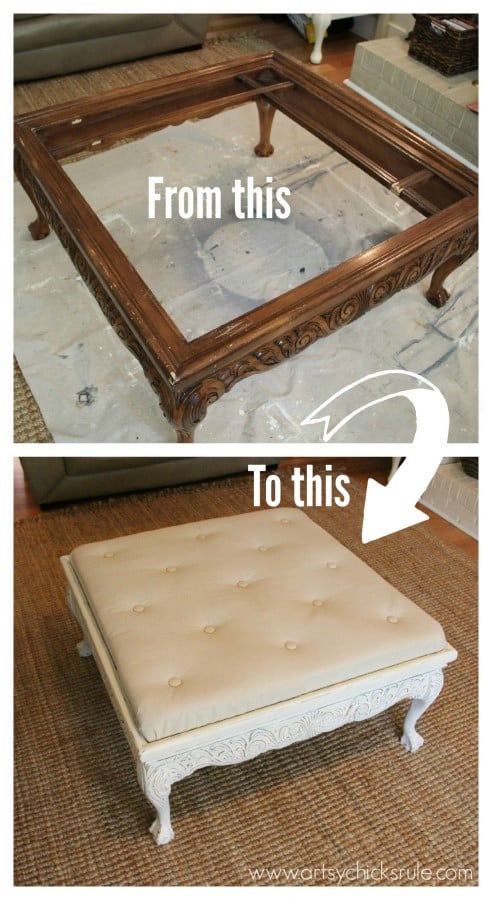Thrift Store Coffee Table Turned Diy Tufted Ottoman Artsy Chicks Rule
