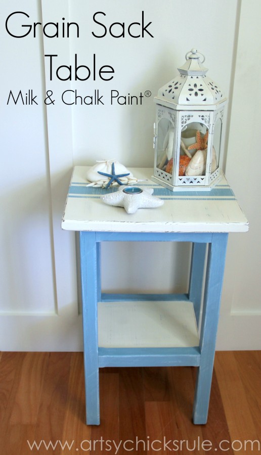 Grain Sack Table Makeover - Coastal - #chalkpaint #milkpaint #grainsack - artsychicksrule.com