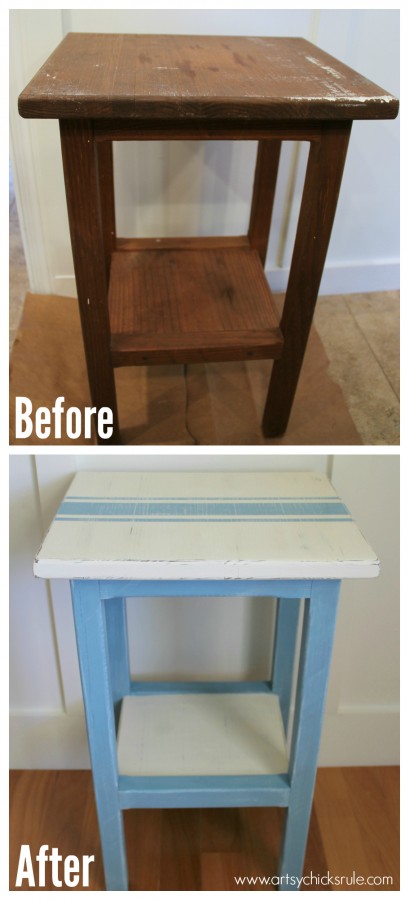 Grain Sack Table Makeover - before and after - #chalkpaint #milkpaint #grainsack - artsychicksrule.com
