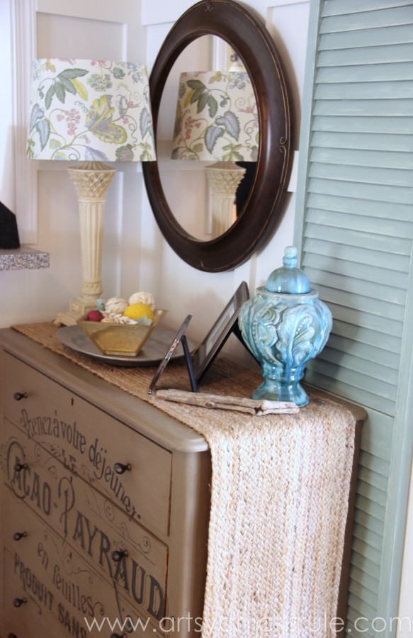 My Favorite Things - Lamp Shade, Chalk Painted Dresser w Graphics, Blue Vase, Shutters - artsychicksrule.com #thrifty #homedecor #budgetdecorating