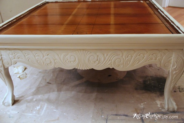 Coffee Table turned Tufted Ottoman -DIY Tufted Ottoman before and after - artsychicksrule.com #tuftedottoman #diyottoman #DIYtufting