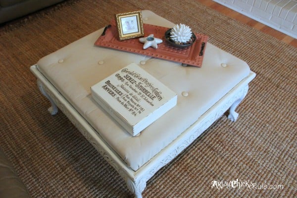 Thrifty Coffee Table turned Ottoman - top finished - artsychicksrule.com #coffeetable #ottoman #diy