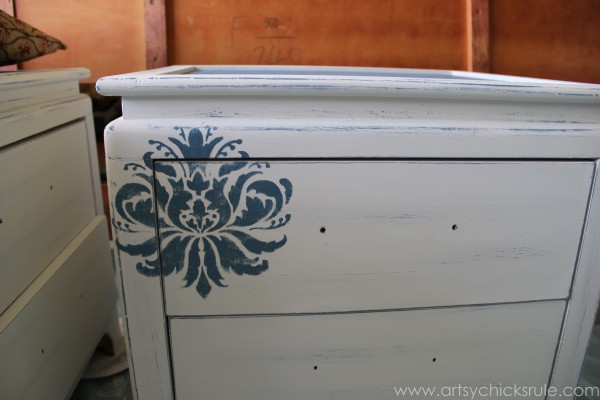 Aubusson Blue Stenciled Thrift Store Night Stand Makeover {Chalk Paint} - Applying Stencil - artsychicksrule.com #chalkpaint #aubussonblue #stencil #nightstands