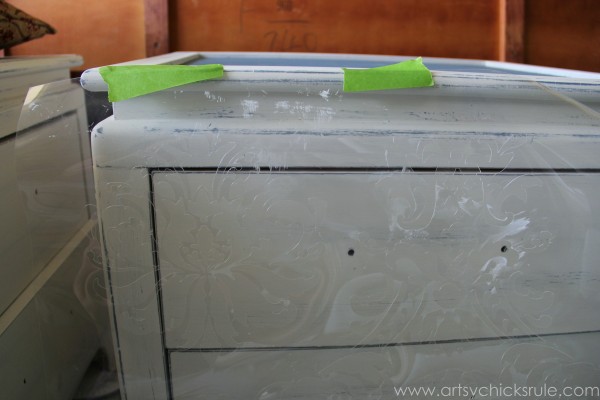 Aubusson Blue Stenciled Thrift Store Night Stand Makeover {Chalk Paint} - Cutting Edge Stencil - artsychicksrule.com #chalkpaint #aubussonblue #stencil #nightstands