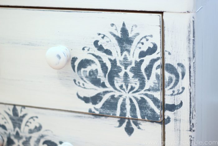 Aubusson Blue Stenciled Thrift Store Night Stand Makeover {Chalk Paint} - Stencil pattern - artsychicksrule.com #chalkpaint #aubussonblue #stencil #nightstands