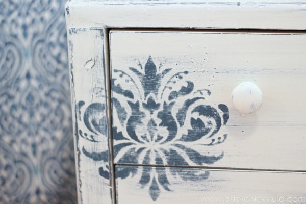 Aubusson Blue Stenciled Thrift Store Night Stand Makeover {Chalk Paint} - Up close stencil - artsychicksrule.com #chalkpaint #aubussonblue #stencil #nightstands