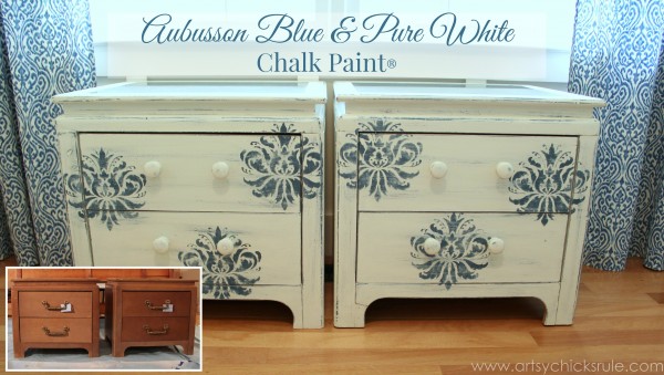 Aubusson Blue Stenciled Thrift Store Night Stand Makeover {Chalk Paint} - after and before - artsychicksrule.com #chalkpaint #aubussonblue #stencil #nightstands -