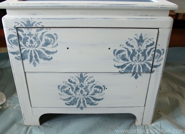 Aubusson Blue Stenciled Thrift Store Night Stand Makeover {Chalk Paint} - after sanding - artsychicksrule.com #chalkpaint #aubussonblue #stencil #nightstands