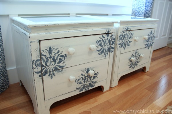 Aubusson Blue Stenciled Thrift Store Night Stand Makeover {Chalk Paint} - after side view - artsychicksrule.com #chalkpaint #aubussonblue #stencil #nightstands