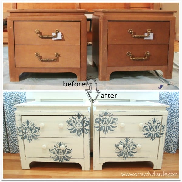 Aubusson Blue Stenciled Thrift Store Night Stand Makeover {Chalk Paint} - before and after - artsychicksrule.com #chalkpaint #aubussonblue #stencil #nightstands