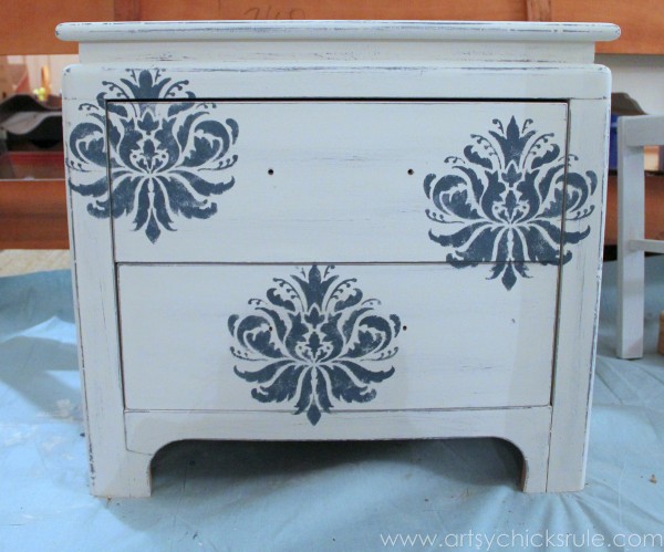 Aubusson Blue Stenciled Thrift Store Night Stand Makeover {Chalk Paint} - before sanding - artsychicksrule.com #chalkpaint #aubussonblue #stencil #nightstands