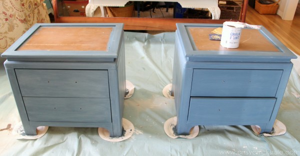 Aubusson Blue Stenciled Thrift Store Night Stand Makeover {Chalk Paint} - with Duck Egg tinted wax - artsychicksrule.com #chalkpaint #aubussonblue #stencil #nightstands