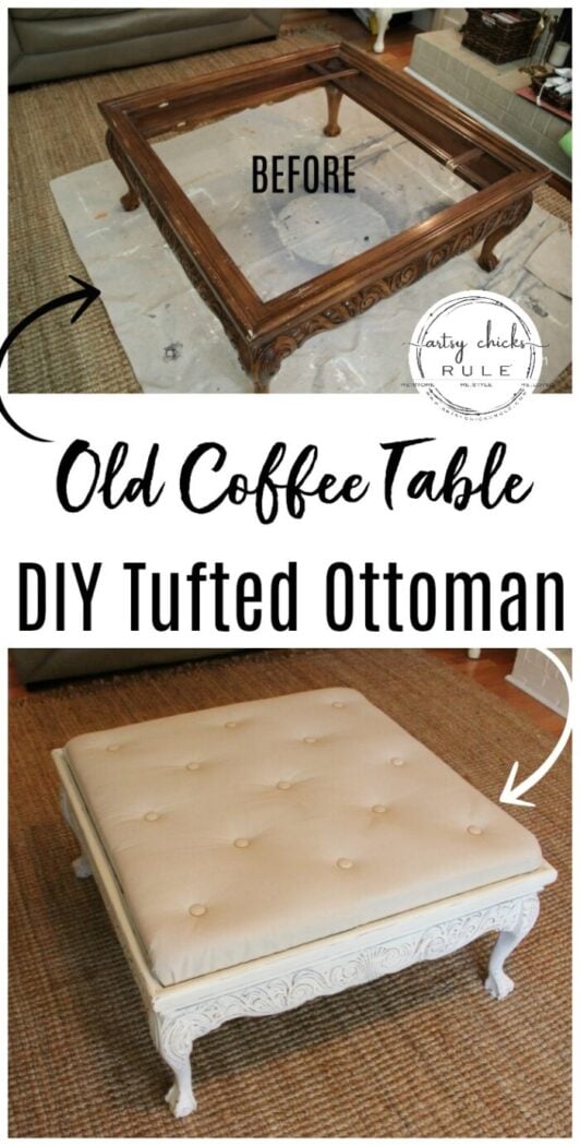 Coffee Table turned Tufted Ottoman -DIY Tufted Ottoman before and after - artsychicksrule.com #tuftedottoman #diyottoman #DIYtufting