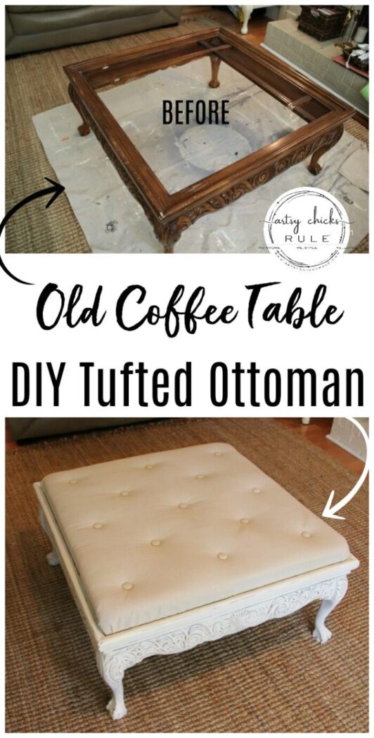 Did you know that you can turn an old coffee table like this into a DIY tufted ottoman?? You can and I'm going to show you how! artsychicksrule.com