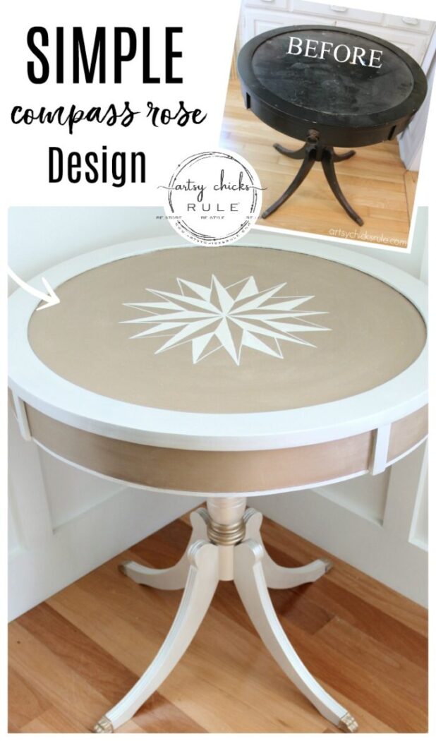 Modern Masters Metallic Paint Makeover - Compass Rose Table - before and after - #howtodrawcompassrose artsychicksrule.com #metallicpaint #furniture #compassrose #nauticalstyle #coastaldecor #paintedfurniture