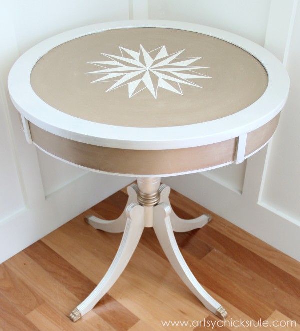 Modern Masters Metallic Paint Makeover - Compass Rose Table - Finished - artsychicksrule.com #metallicpaint #furniture #compassrose #nautical #coastal