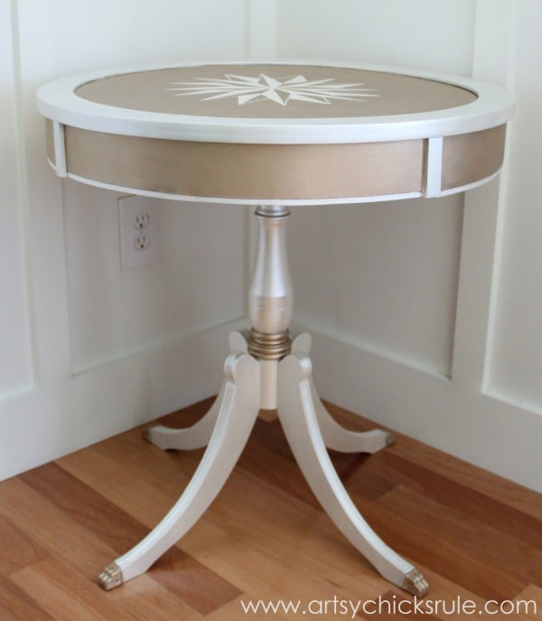 Modern Masters Metallic Paint Makeover - Compass Rose Table - side finished - artsychicksrule.com #metallicpaint #furniture #compassrose #nautical #coastal