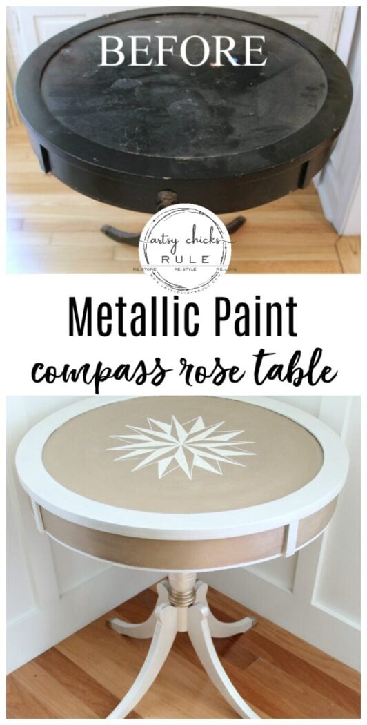 Modern Masters Metallic Paint Makeover - Compass Rose Table - before and after - #howtodrawcompassrose artsychicksrule.com #metallicpaint #furniture #compassrose #nauticalstyle #coastaldecor #paintedfurniture