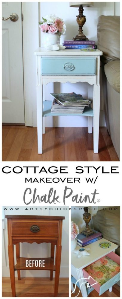 Thrifty End Table Makeover - (with Chalk Paint and Drawer Flair! ;) )- artsychicksrule.com #chalkpaint #duckeggblue #shabby #coastal #paintedfurniture #chalkpaintedfurniture #furnituremakeover