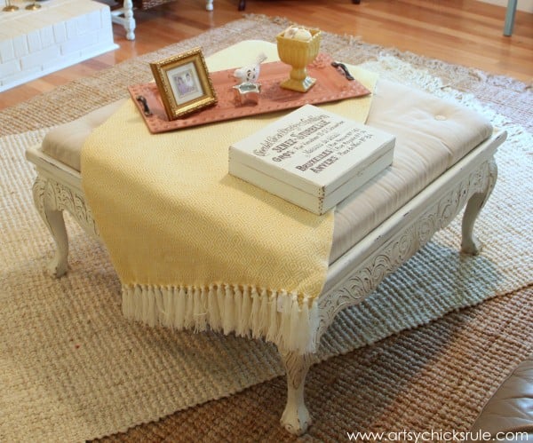 Coffee Table turned Ottoman - Yellow Throw Added- artsychicksrule.com #thrifty #diy #homedecor