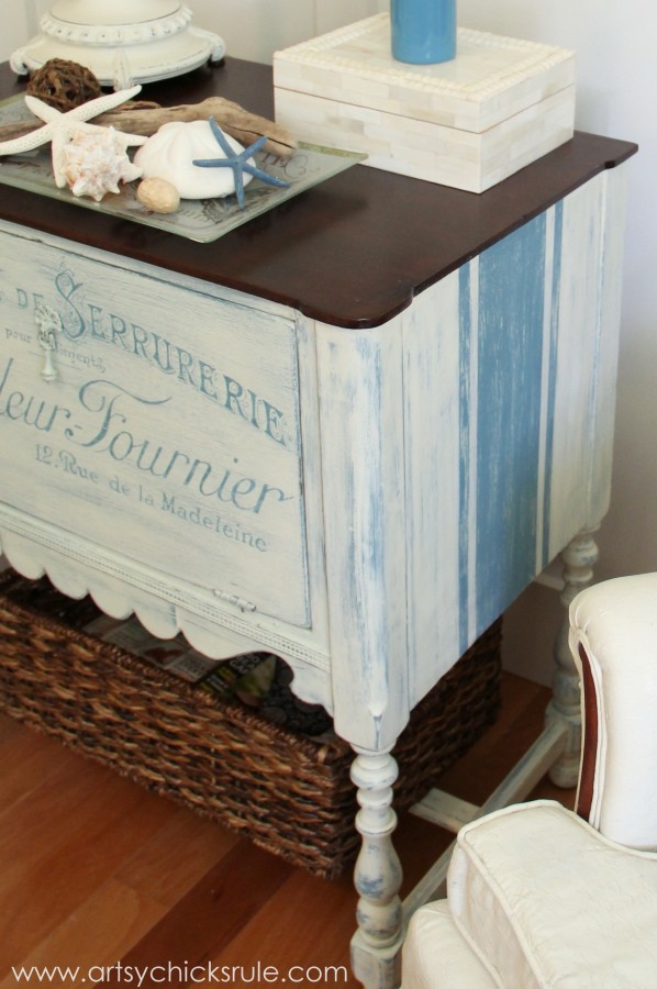 french cabinet with blue grain sack stripes on sides