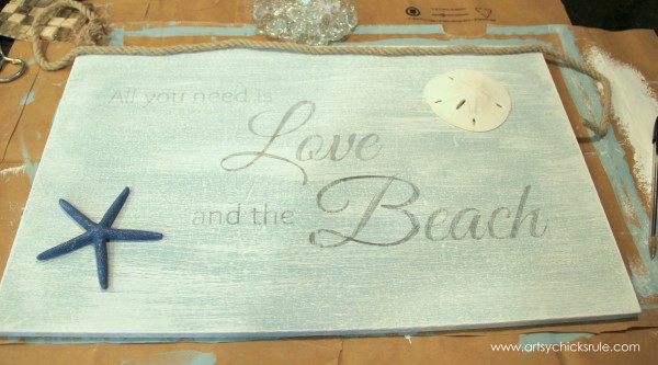 Love & the Beach - DIY Sign Tutorial - Shells -artsychicksrule.com #thrifty #homedecor #beach #sign #coastal #diy