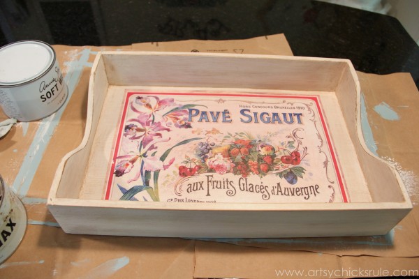 Old Letter Tray -to- Vintage French Fruit Tray {Thrifty DIY} - After First Coat of Glaze - artsychicksrule.com #vintage #graphicsfairy #diy #chalkpaint