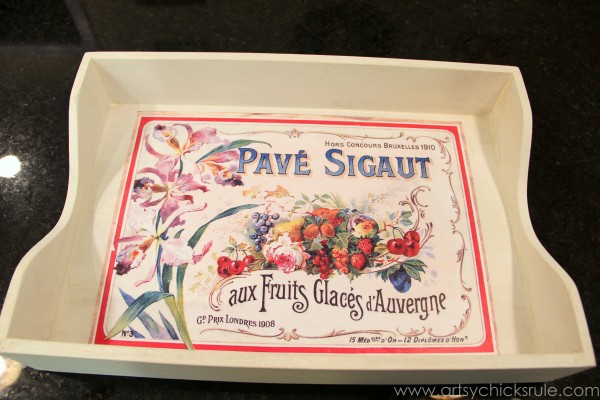 Old Letter Tray -to- Vintage French Fruit Tray {Thrifty DIY} - Applying Print -artsychicksrule.com #vintage #graphicsfairy #diy #chalkpaint