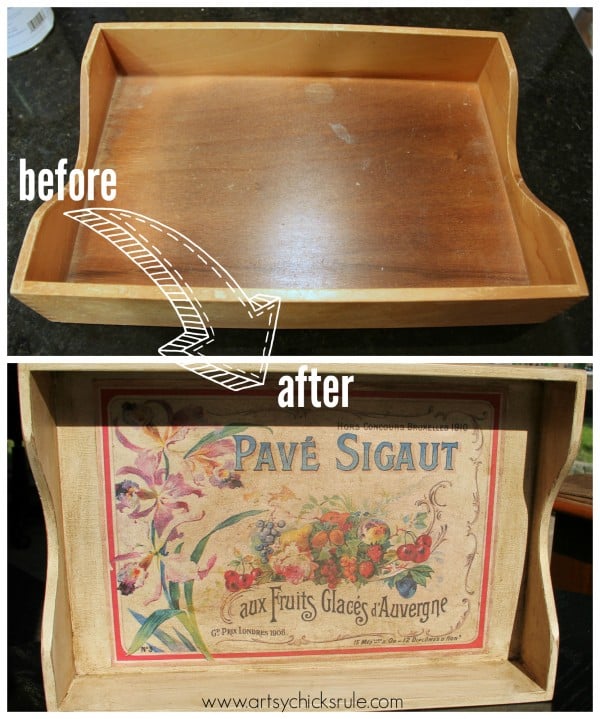 Old Letter Tray -to- Vintage French Fruit Tray {Thrifty DIY} - Before & After - artsychicksrule.com #vintage #graphicsfairy #diy #chalkpaint