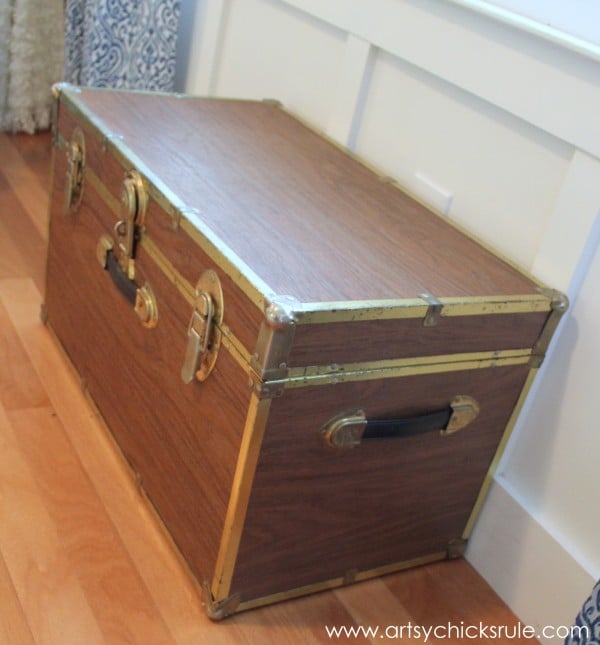 Travel Trunk Chalk Paint Makeover - Before Side- artsychicksrule.com - #chalkpaint #makeover #trunk #coco
