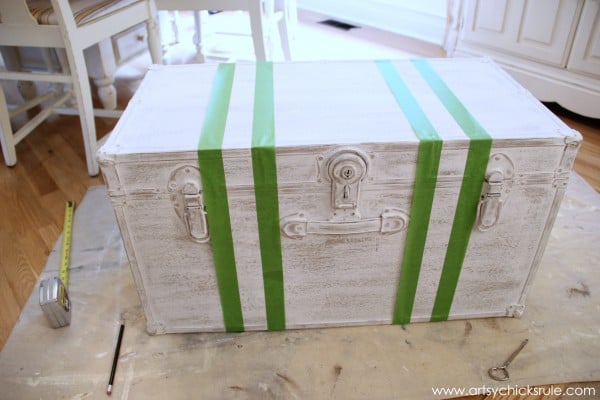 Travel Trunk Chalk Paint Makeover - Grain Sack Stripes Taped- artsychicksrule.com - #chalkpaint #makeover #trunk #coco