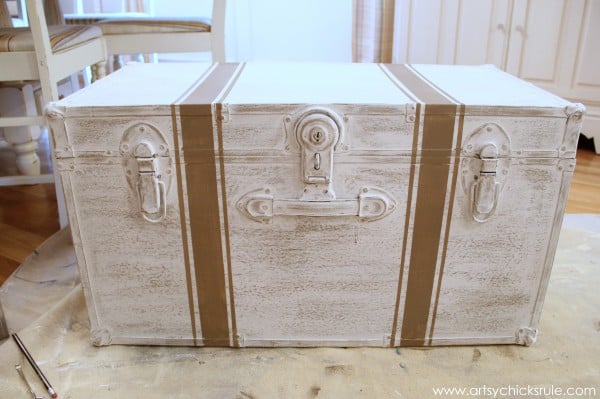 Travel Trunk Chalk Paint Makeover - Grain Sack Stripes- artsychicksrule.com - #chalkpaint #makeover #trunk #coco