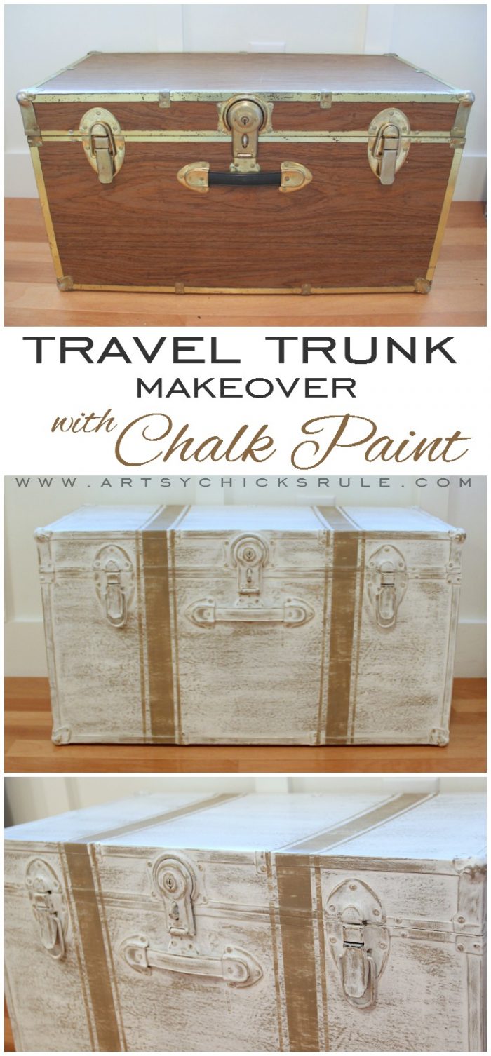 Travel Trunk Chalk Paint Makeover!! What a difference!! artsychicksrule.com #traveltrunk #trunkmakeover #chalkpaint #coco