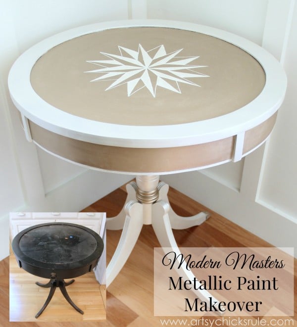 Modern-Masters-Metallic-Paint-Makeover-Compass-Rose-Table-artsychicksrule.com #metallicpaint #compassrose #nautical