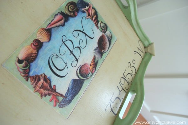 OBX Latitude and Longitude Table {Numbers Theme Tour} - Close up of decoupage - #chalkpaint #OBX #antibesgreen #countrygrey artsychicksrule.com