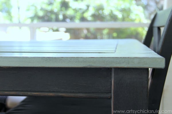 Patio Table Re-do - Up Close Top- Duck Egg Blue Chalk Paint - artsychicksrule.com #chalkpaint #duckeggblue #graphite