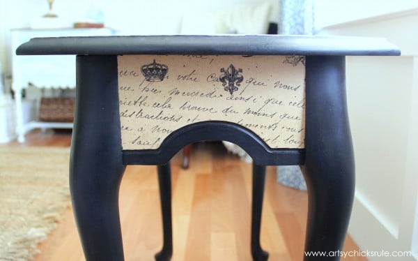 $5 Thrifty French Paper Decoupage Table Makeover - After Side -artsychicksrule.com #decoupage #french